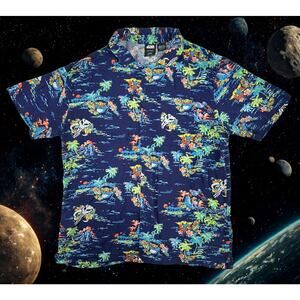 Star Wars Mandalorian Baby Yoda Grogu Hawaiian Button Up Shirt Mens L Blue